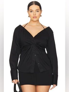 Good American Poplin Off Shoulder Top Black Size M NWOT Cotton Stretch